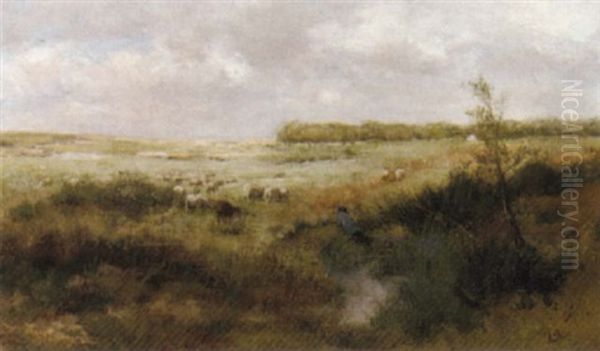 A Shepherd And His Flock In A Dune Landscape by Marinus Boks