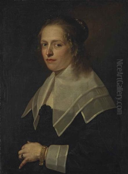 Portrait Of A Lady, Half-length, In A Black Dress With Lace Collar And Cuffs Oil Painting by Ferdinand Bol