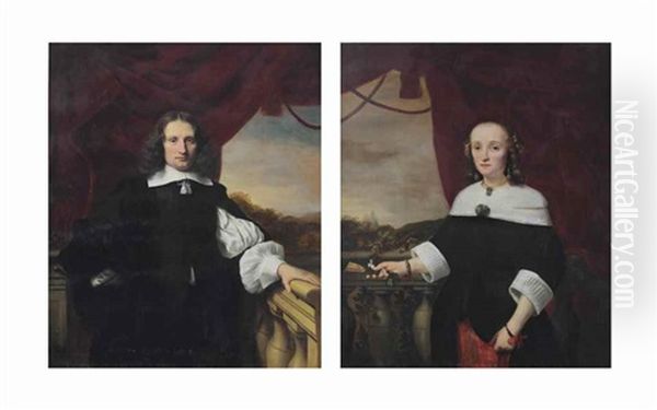 Portrait Of Pieter Bouwens (1621-1680), Three-quarter Length, In A White Chemise And Black Costume Standing Before A Curtain On A Balcony; And Portrait Of His Wife Anna Maria Van Nutt (1622-1686), Three-quarter Length, In A Red Embroidered And Black Dress Oil Painting by Ferdinand Bol