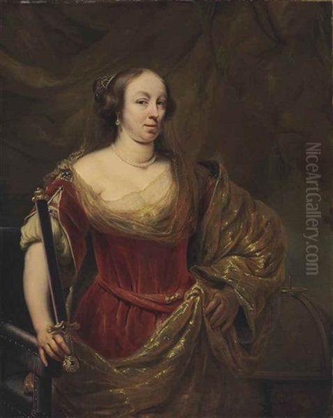 Portrait Of A Lady, Traditionally Identified As Maria Louise Gonzaga (1611-1667), Queen Of Poland, Half-length, In A Red Dress And Gold-embroidered Shawl Oil Painting by Ferdinand Bol