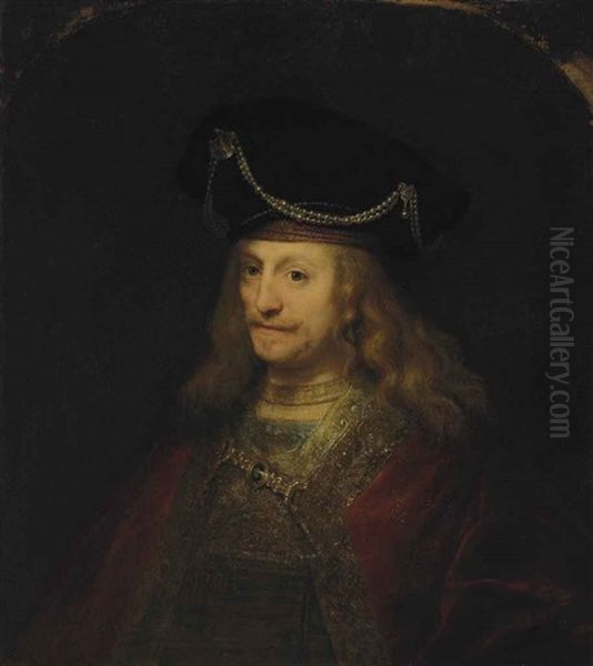 Portrait Of A Gentleman, Half-length, In A Cloak And Bejeweled Hat Oil Painting by Ferdinand Bol