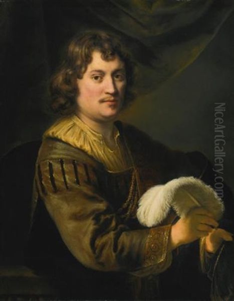 Portrait Of A Man, Holding A White Plume Oil Painting by Ferdinand Bol