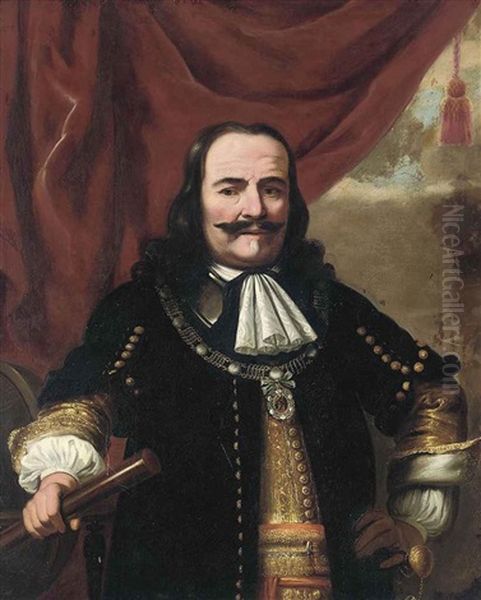 Portrait Of Admiral Michiel Adriaensz De Ruyter (1607-1676) In A Black Coat, A Baton In His Right Hand Oil Painting by Ferdinand Bol