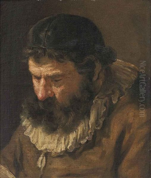 Head Of A Bearded Man, Wearing A Skull Cap, Reading Oil Painting by Ferdinand Bol