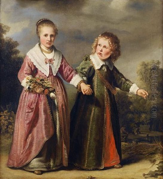 Portrait Of A Young Girl Holding A Posy Of Flowers And A Young Boy In A Landscape Oil Painting by Ferdinand Bol