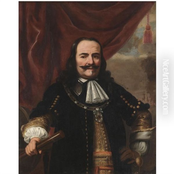 Portrait Of Admiral Michiel Adriaensz De Ruyter, Half-length, Wearing A Black Coat And Holding A Telescope, With An Opened Curtain Behind Oil Painting by Ferdinand Bol