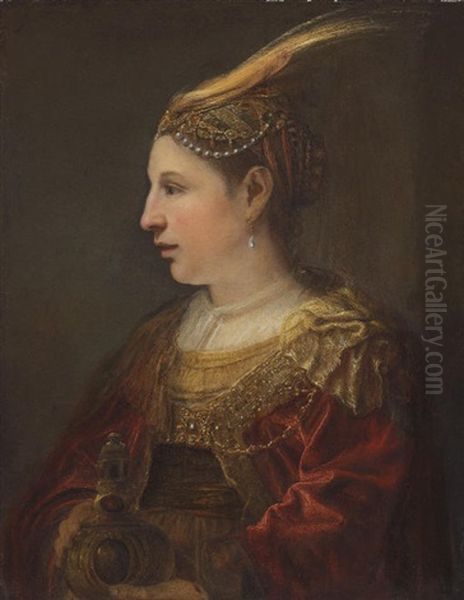 Portrait Of A Lady As Mary Magdalene In A Red And Gold Dress And Feathered Headdress Oil Painting by Ferdinand Bol