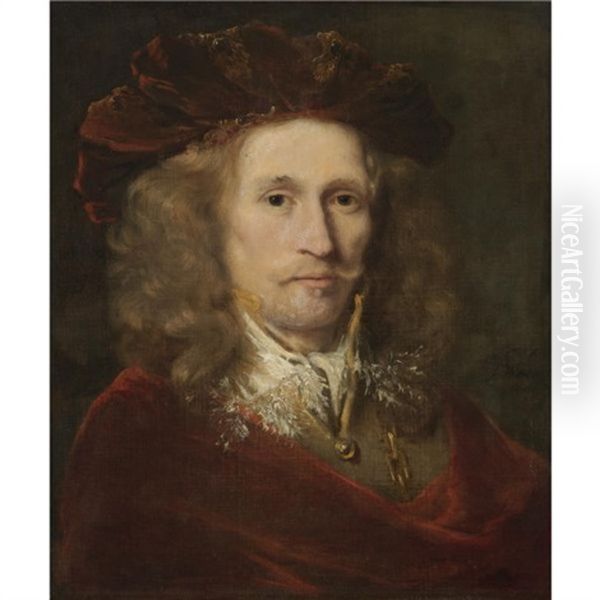 Portrait Of A Gentleman, Wearing A Red Embroidered Cap, A Brown Doublet And A Red Cloak Oil Painting by Ferdinand Bol