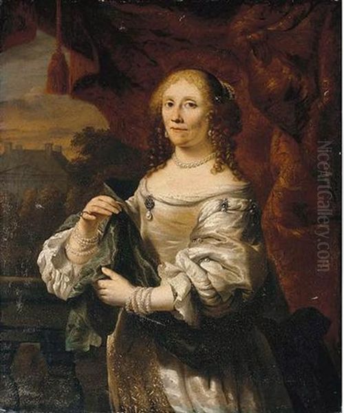 Portrait Of A Lady In A White Satin Dress Oil Painting by Ferdinand Bol