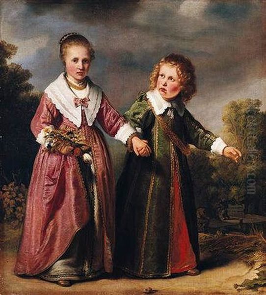 A Double Portrait Of A Young Girl Holding A Posy Of Flowers And A Young Boy, In A Wooded Landscape Oil Painting by Ferdinand Bol