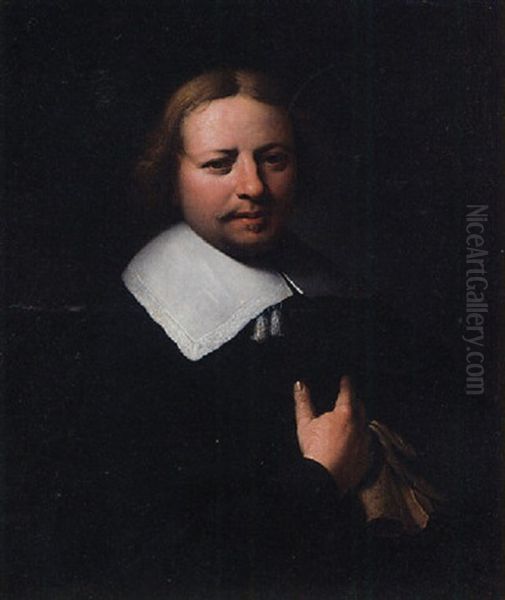 Portrait Of A Gentleman In A Black Costume With A White Collar, Holding A Glove Oil Painting by Ferdinand Bol