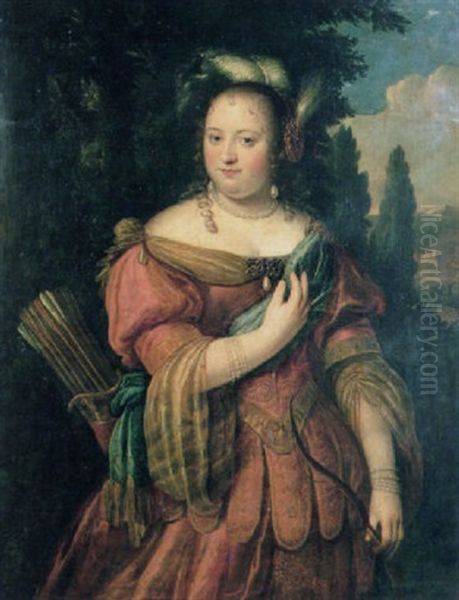 Portrait Of A Lady In A Landscape, Wearing An Elaborate Pink Dress With A Blue Sash Oil Painting by Ferdinand Bol