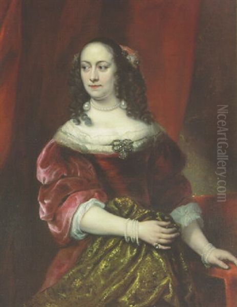 Portrait Of Anna Rykens In A Red Dress, Her Left Hand Resting On A Chair Oil Painting by Ferdinand Bol