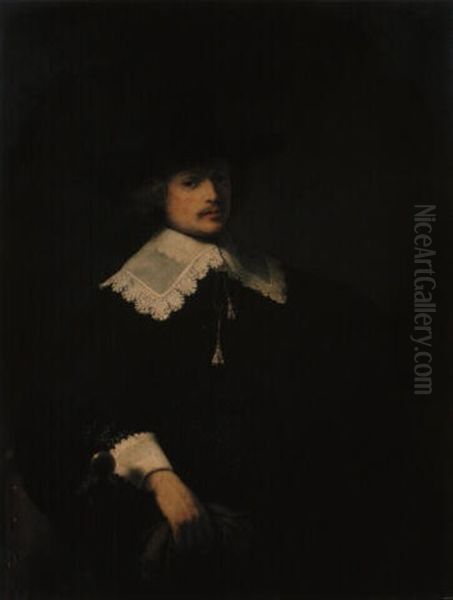 Portrait Of A Gentleman, Wearing Black And Holding His Gloves Oil Painting by Ferdinand Bol