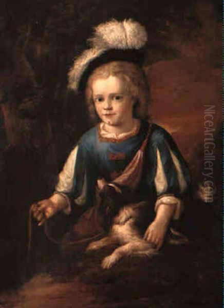 Portrait Of A Boy With A Dog In A Landscape Oil Painting by Ferdinand Bol