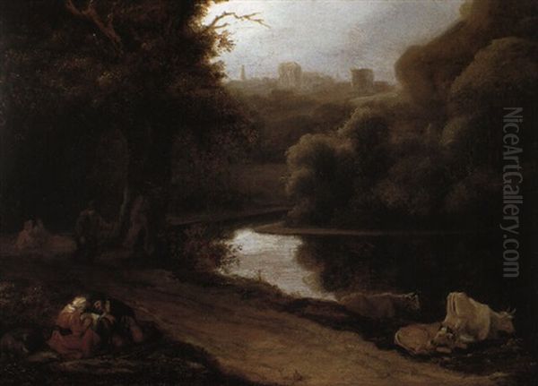 Wooded Landscape With Travellers Resting By A Path Oil Painting by Ferdinand Bol