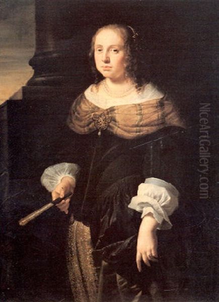 Portrait Of A Lady, Three-quarter Length, Wearing A         Black And Green Dress, Holding A Fan, On A Portico Oil Painting by Ferdinand Bol