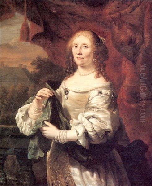 Portrait Of A Lady, Standing Three-quarter Length, Wearing  A White Satin Dress Draped With A Green Shawl Oil Painting by Ferdinand Bol