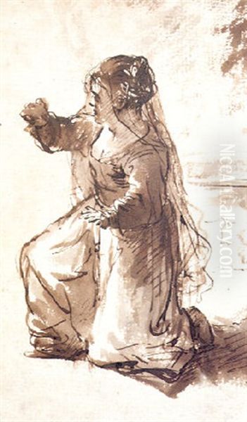 A Kneeling Woman In An Attitude Of Surprise: Study          For An Annunciation Oil Painting by Ferdinand Bol