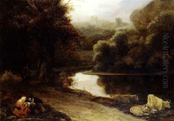 An Extensive River Landscape With Cows And An Elderly       And An Elderly Couple Reading Beside A Road Oil Painting by Ferdinand Bol