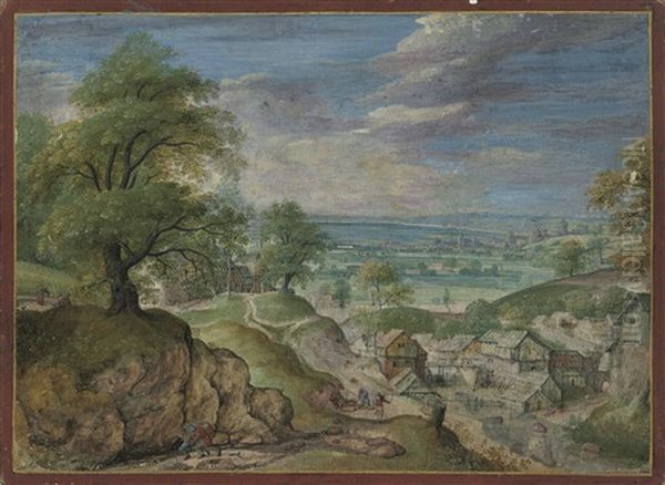 An Extensive Landscape With Travellers In The Foreground, A Watermill And A Town With A Castle Beyond Oil Painting by Hans Bol