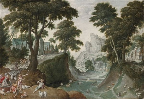 Mountainous Landscape With The Return Of Jacob From Canaan Oil Painting by Hans Bol