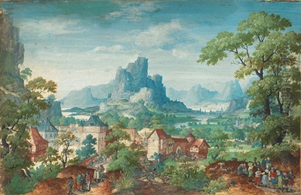 Phantasielandschaft Mit Einer Kleinen Stadt, Zwei Volksgruppen Und Blick Auf Ein Gebirge Oil Painting by Hans Bol