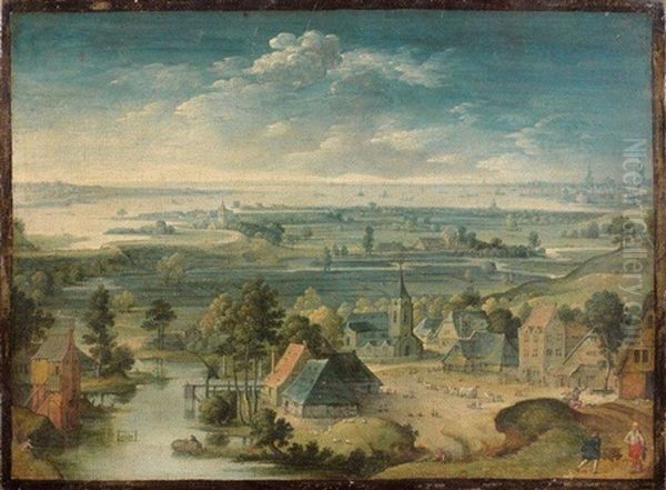 Vue Panoramique D'un Village Des Flandres A Droite La Ville D'anvers Oil Painting by Hans Bol