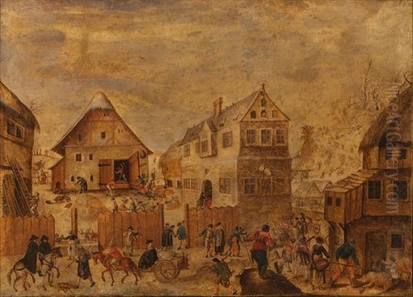 Scene De Village (+ Another; Pair) Oil Painting by Hans Bol