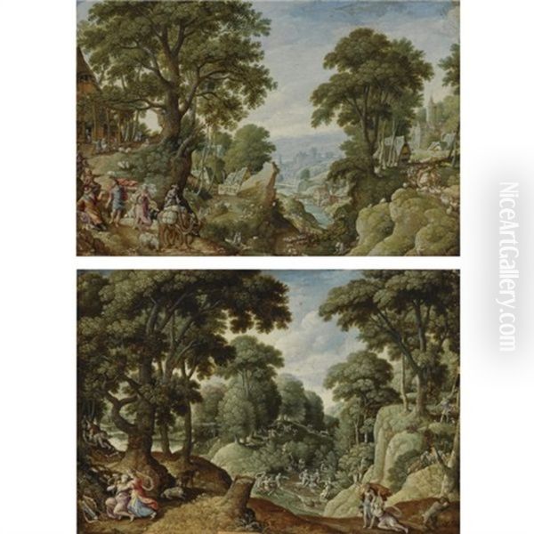 A Hilly Wooded Landscape With The Return Of Jacob To Canaan (+ A Hilly Wooded Landscape With Scenes Of The Life Of Diana; Pair) Oil Painting by Hans Bol