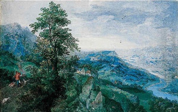 A Panoramic Landscape Of A River Valley, With A Sportsman On A Road To The Left, And A Village In The Centre by Hans Bol