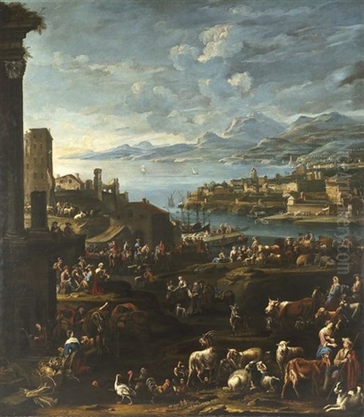 Mercato Con Veduta Di Genova Dai Colli Di Albaro Oil Painting by Pietro Maurizio Bolckman