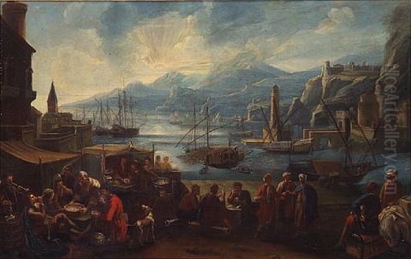 A Capriccio Harbor View With Numerous Figures (+ A Market Scene; Pair) Oil Painting by Pietro Maurizio Bolckman