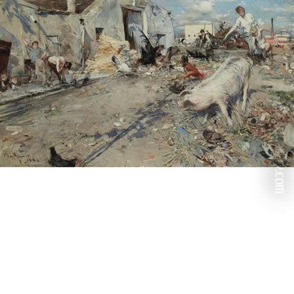 Farmyard Oil Painting by Giovanni Boldini