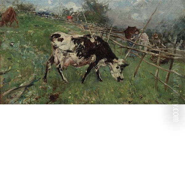 An Afternoon Stroll Along A Pasture And City Study : A Double-sided Work Oil Painting by Giovanni Boldini