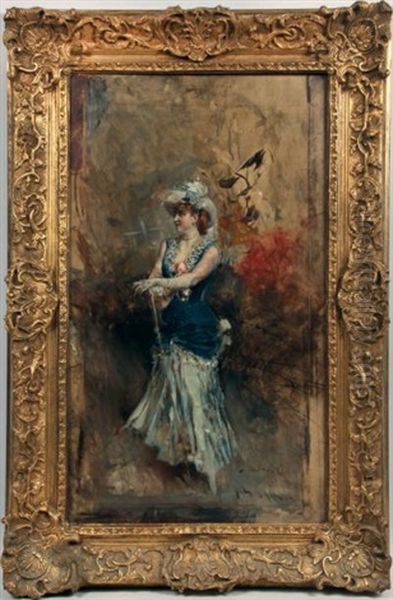 Elegante A La Robe Bleue Et A L'ombrelle Oil Painting by Giovanni Boldini