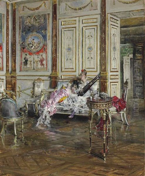 Suonatrice Di Lira E Ascoltatrice (woman Playing A Lyre And A Listener) Oil Painting by Giovanni Boldini