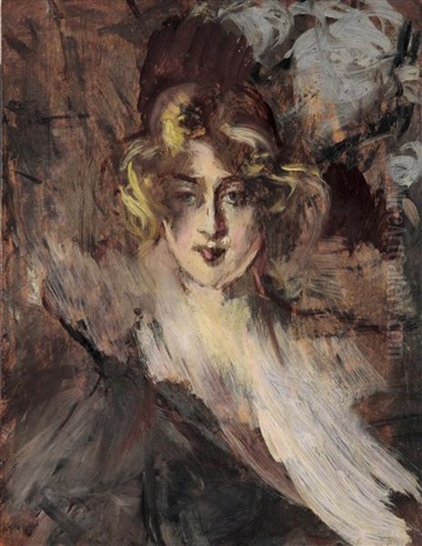 Portrait Einer Frau (l'americana) (+ Studie Zu Einer Nackten, Nur Mit Strumpfen Bekleideten Tanzenden (study), Verso) Oil Painting by Giovanni Boldini