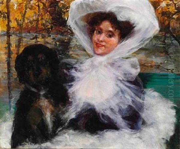 Elegant Lady With Her Dog In The Woods, Autumn Oil Painting by Giovanni Boldini