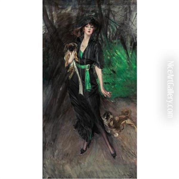 Portrait Of A Lady, Lina Bilitis, With Two Pekinese Oil Painting by Giovanni Boldini