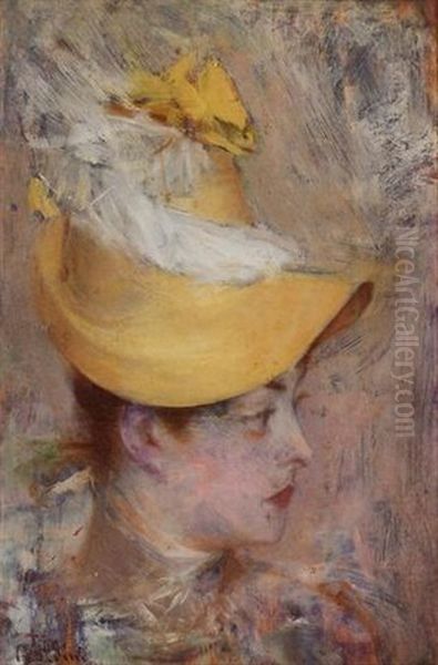 Testa De Signora Con Capellino Giallo (il Cappello Giallo) Oil Painting by Giovanni Boldini