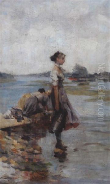 Uferlandschaft Mit Wascherinnen Und Madchen Mit Wasserkrug Oil Painting by Giovanni Boldini