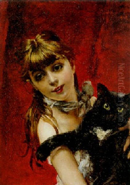 Young Girl Holding Her Pet Cat Oil Painting by Giovanni Boldini