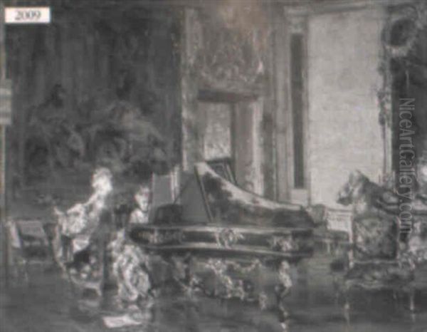 Two Ladies And A Gentleman In A Room With A Grand Piano Oil Painting by Giovanni Boldini