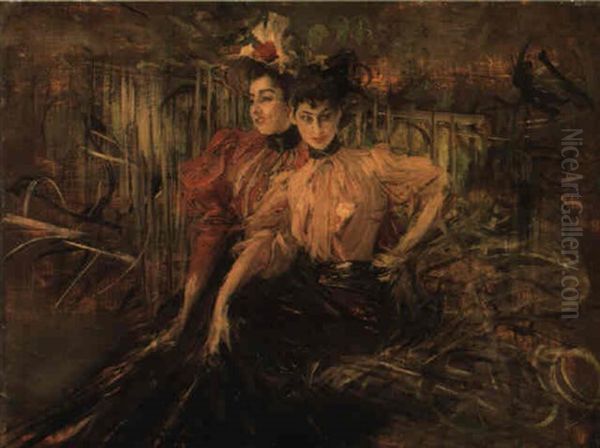 Two Young Girls Seated On A Bench Oil Painting by Giovanni Boldini