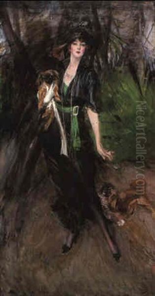 Portrait Of A Lady, Lina Bilitis, With Two Pekineses Oil Painting by Giovanni Boldini