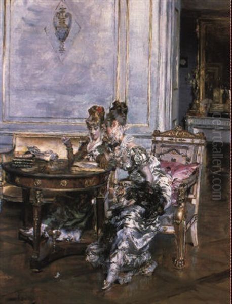 Elegant Ladies In An Interior Oil Painting by Giovanni Boldini