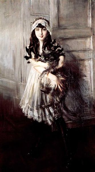 Portrait Of Josefine Errazuriz Holding A Cat Oil Painting by Giovanni Boldini