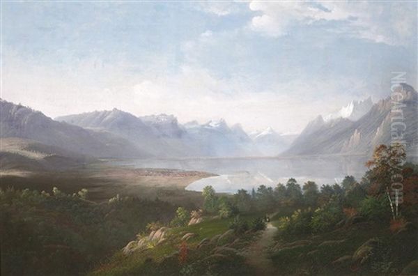 Blick Von Einer Anhohe Auf Genf Am Lac Leman Oil Painting by Ludwig Eduard Boll