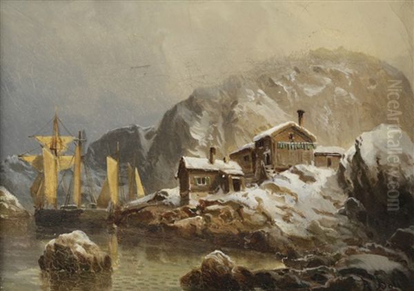 Lagune Med Hus Og Seilskip Oil Painting by Reinholdt Fredrik Boll